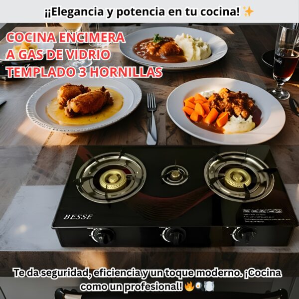 COCINA ENCIMERA 3 HORNILLAS DE VIDRIO TEMPLADO - Imagen 3