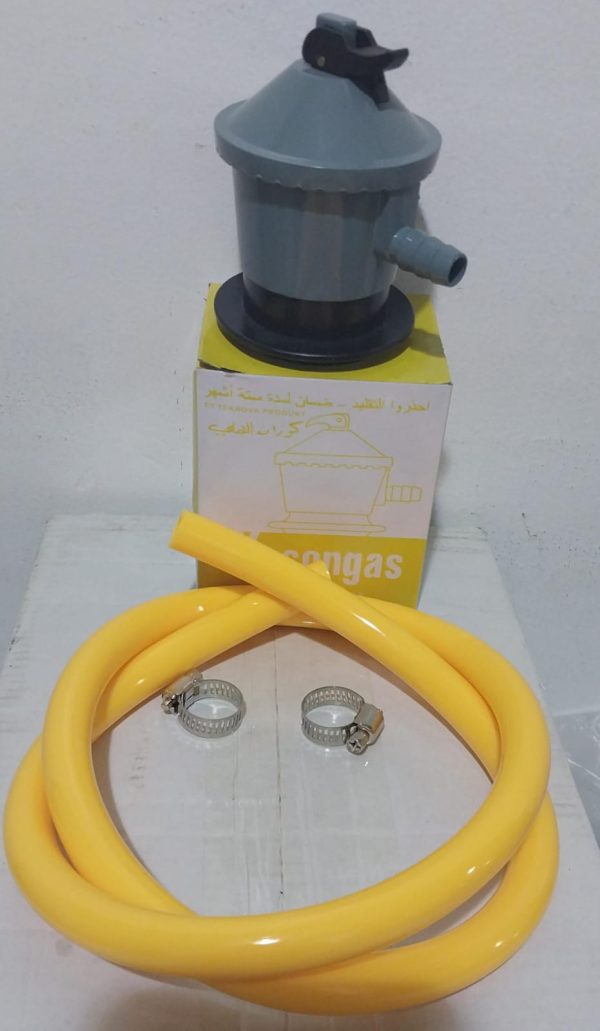 KIT REGULADOR  DE GAS  CON MANGUERA Y ABRAZADERA