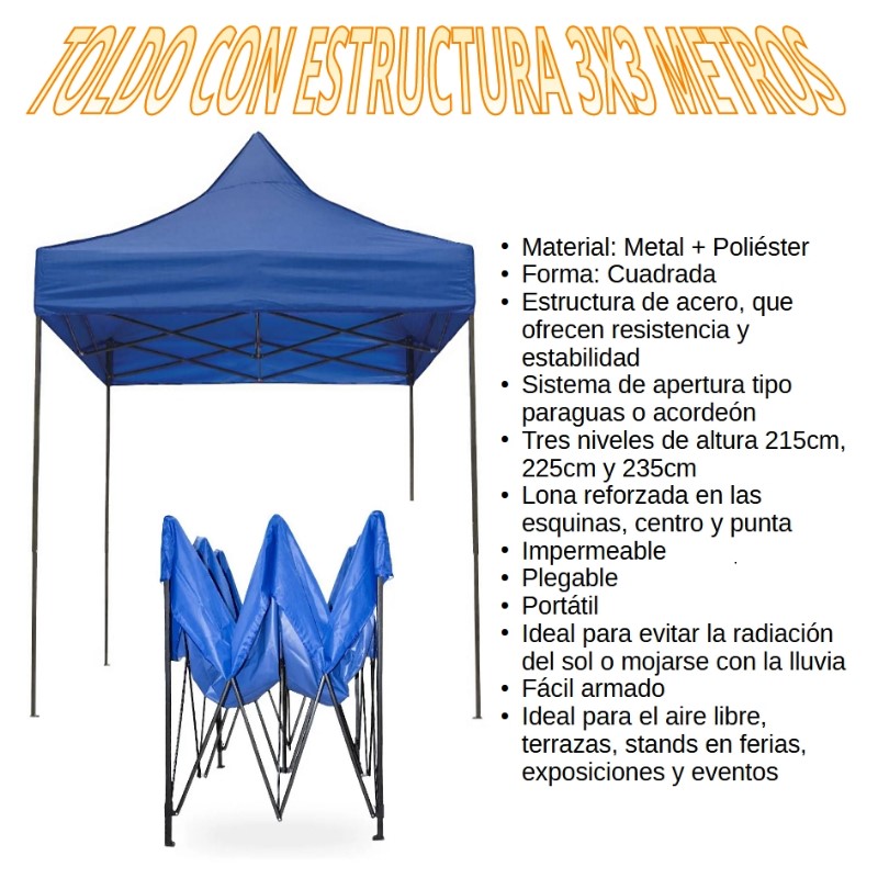 TOLDO PLEGABLE 3X3 EXTRUCTURA Y LONA AZUL UV - Imagen 7