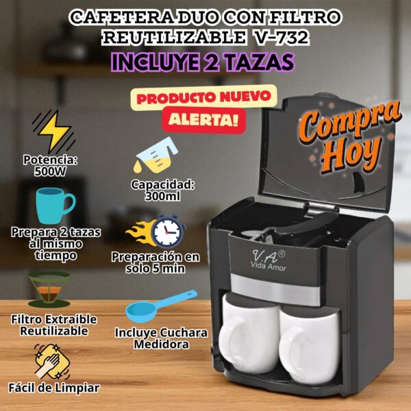 CAFETERA ELECTRICA DOBLE TAZA 500 WATTS - Imagen 3